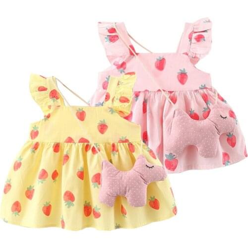Strawberry Baby Girls Dress With Doggy Bag Decor Summer New Cotton Toddler Birthday Outfits Kids Clothes