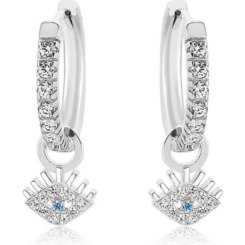 Valori Jewels Small Evil Eye, Zirconia White And Fancy Blue Gemstone, Rhodium Plated, Sterling Silver Small Hoop Charm Earrings