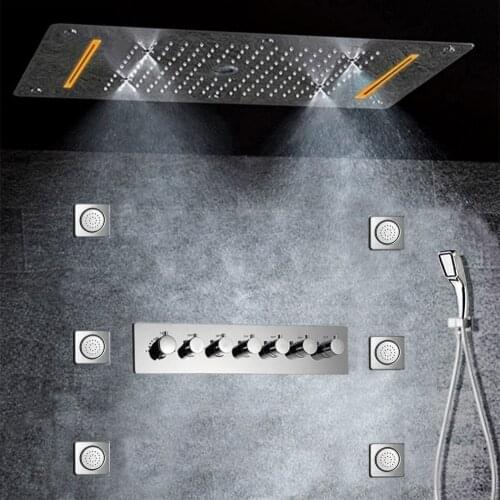 Thermostatic Complete Shower System with Rough-in-Valve Large flow LED Ceiling Shower Head Massage Jets Luxury Rain Bath Shower