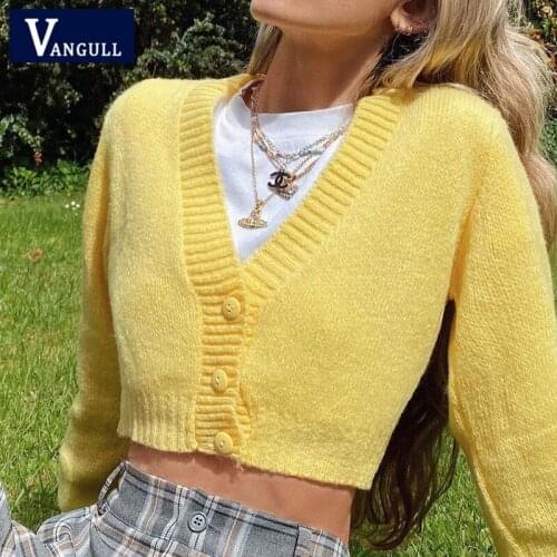 Vangull Yellow Sweater Cardigan Women 2021 Single Breasted Casual Knitted Sweater Warm Long Sleeve Fashion Cropped Cardigan Tops
