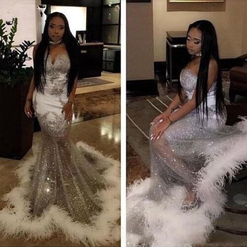 Black Girls Mermaid White Feather Prom Dresses 2020 Sparkling Silver Sequins See Through Long Graduation Dresses Evening Gowns
