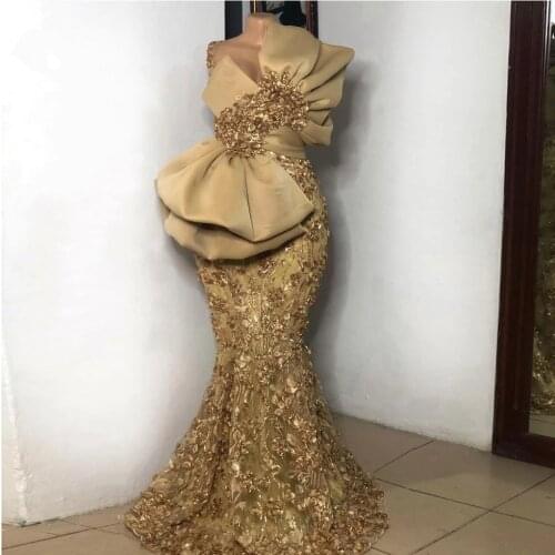 Gorgeous Aso Ebi Evening Dresses Gold Lace Formal Prom Dress Plus Size African Women Event Party Gowns vestidos de fiesta