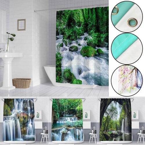 Waterproof Shower Curtains Polyester Fabric Bathroom Curtains Waterfall Green Tropical Plants 3D Printing Landscape Bath Curtain