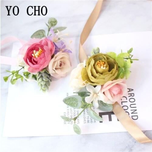 YO CHO Corsage Wedding Boutonniere Groomsman Flowers Artificial Silk Rose Wrist Bracelets Wedding Planner Marriage Accessories