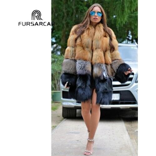 FURSARCAR 80CM Long Natural Real Fox Fur Women Winter Genuine Leather Female Jacket NEW Thick Gold Fox Fur With Fur Collar