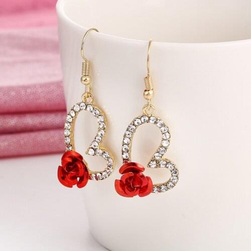 Earrings For Women Vintage Flower Rose Dangle Earrings Crystal Rhinestone Jewelry Statement Exquisite Gift