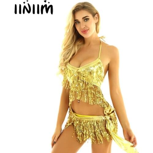 New Womens Shiny Sequin Tassels Belly Dancing Carnival Costume Fantasia Tango Dancewear Bra Top with Hip Scarf Wrap Mini Skirts