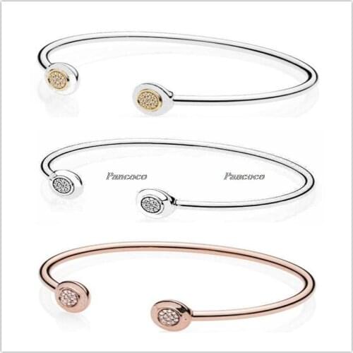 925 Sterling Silver Bangle Gold Color Signature With Crystal Open Bracelet Fit Women Bead Charm Diy Fashion Jewelry
