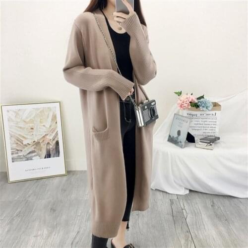 Women Autumn Winter Full Sleeve Long Sweater Coat Rabbit Fur Open Stitch Knitted Cardigan Jacket Loose Outwear Pockets