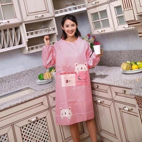 Women Kitchen Cooking Apron Long-sleeved Apron Oil-proof Waterproof Gown Adult Home Cleaning Overalls With Pockets