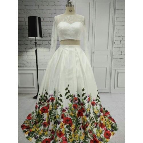 Vintage Two Pieces Long Printed Lace Prom Dresses with Pockets Satin Robe De Soiree Long Sleeve Formal Party Dresse