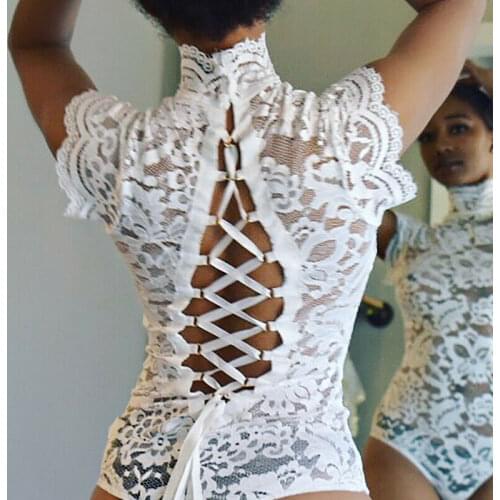 Women Ladies Sexy Floral Lace Turtleneck Hollow Out Lace Up Slim Fit Skinny Backless Bandage White/Black Bodysuits Leotard
