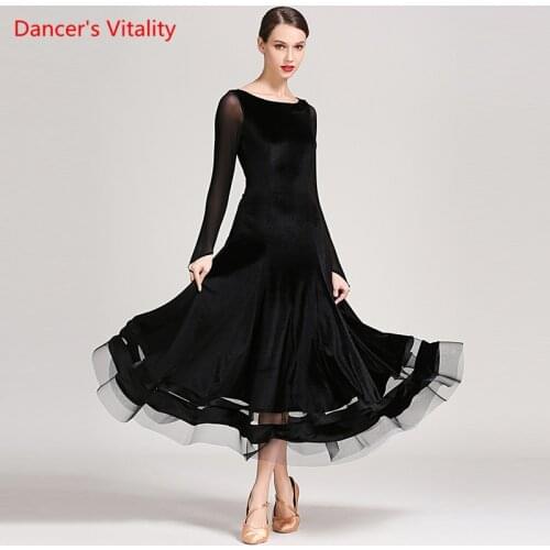 2019 Fashion Ballroom Dance Dress Autumn Winter Velvet +Mesh Warm Big Swing Dresses Women Waltz Tango Dance Practice Costumes