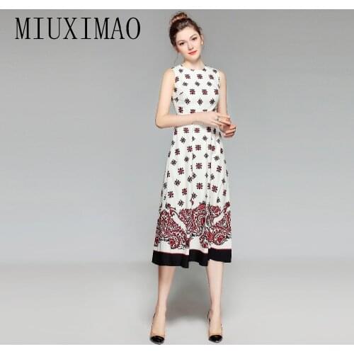 High Quality 2018 Spring & Summer Latest Fashion Elegant A-Line O-Neck Sleeveless Print Casual Style Mid-Calf Dress Women