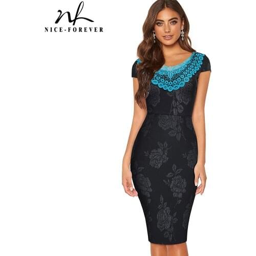 Nice-Forever Summer Women Vinatge Elegant Embroidery Lace Dresses Formal Party Bodycon Sheath Dress 1btyB373