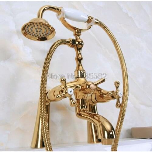 Golden Brass Bathroom Deck Mount Clawfoot Bath Tub Faucet W/ Handshower lna146