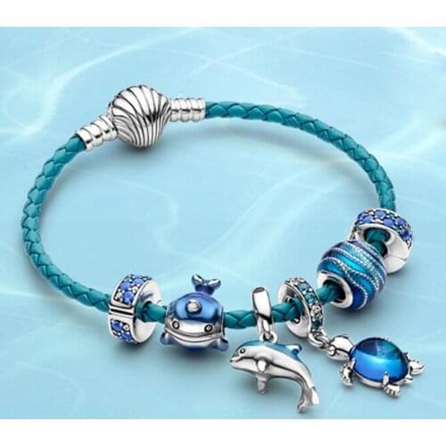 2020 New Summer Ocean S925 Sterling Silver Narwhal Dolphin Blue Cz Turtle Charm Beads Original Female Diy Bracelet Accessories