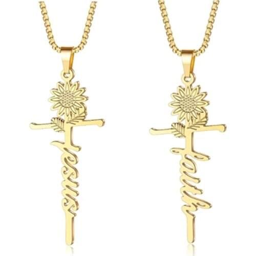 1Pcs Sunflower Cross Crucifix Pendant Necklace for Men Women Gold Prayer Jesus Snail Link Chain Wholesale Jewelry