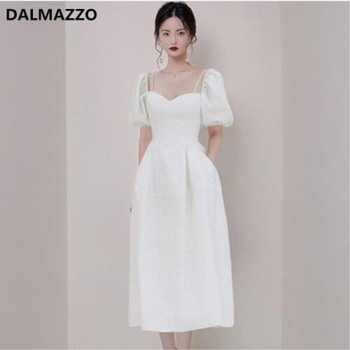 DALMAZZO 2021 Summer Vintage White Women Square Collar Puff Sleeve Slim Princess Long Dress Vestidos Femme XL