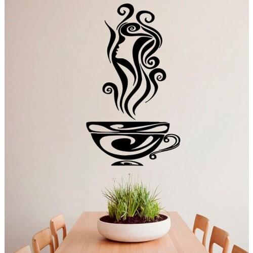 Hot Coffee Cup Aroma Girl Hair Profile Wall Stickers Kitchen Cafe Design Wall Vinyl Decal Sticker Art Mural