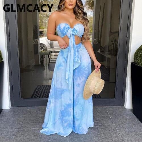 Two Pieces Sets Women Strapless Printed Top & Wide Leg Pants