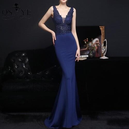 Lace Navy Prom Dresses Sleeveless Mermaid Evening Gown Stretch Women Appliques Long Formal Party Gown V Neck Celebrity Gown New