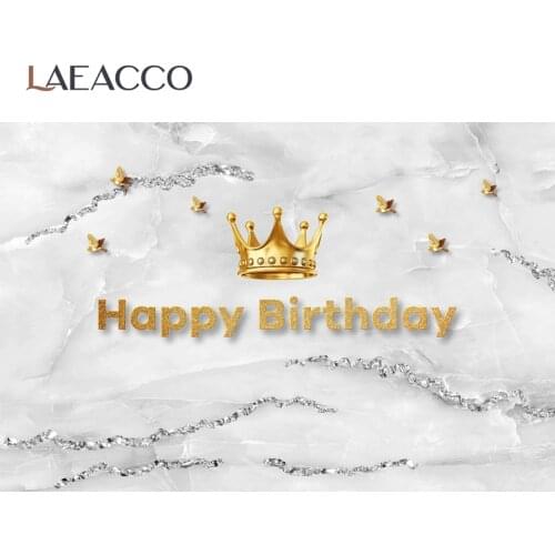 Laeacco Gray Marble Texture Gold Crown Happy Birthday Customized Banner Portrait Photo Background Photography Backdrop Photocall