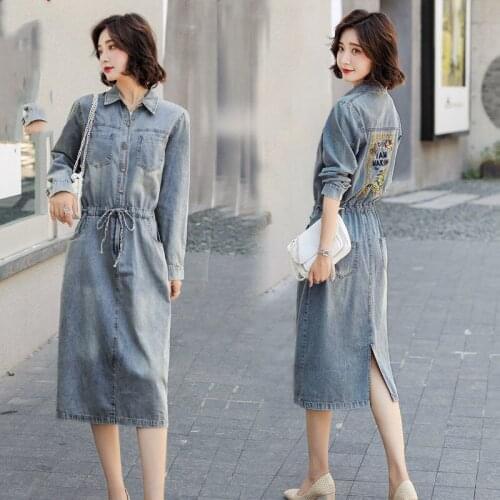 Summer Dress Denim 2021 New Spring Retro Embroidery Fashion Slim Long/Short-Sleeved Long Lace-Up Jeans Dresses Ladies