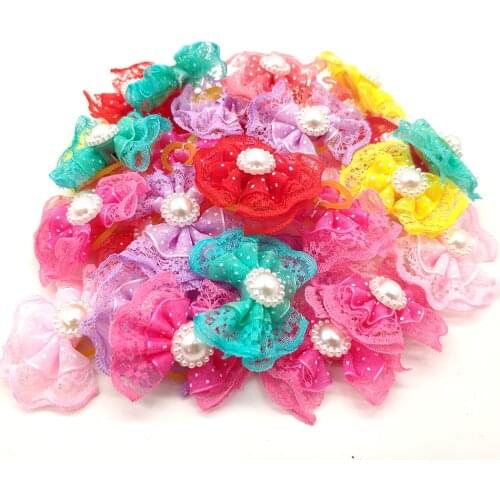 50pcs/lot Fashion Pet Dog Cat Bob Hair Bows Mix Color Butterfly New Lace Dog Hairpin Rubber Bands Handmade Boutique Gift
