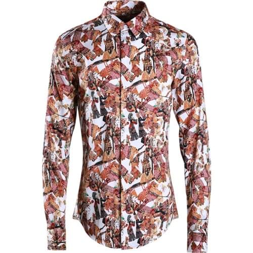 Luxury Men Shirt Chinese Style Dance Pattern Printed Shirts Men Dress Hight Quality Mens Shirts Casual Slim Fit Men Clothes 2019