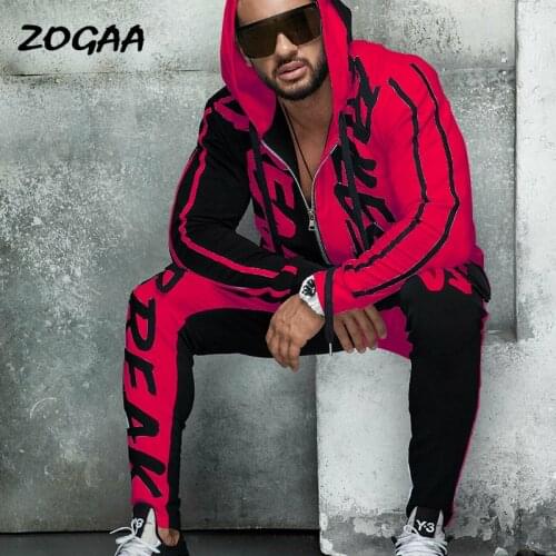 ZOGAA Mens Sports Suit Hooded Letter Printed Color Matching Hot Sale Personality Hip-hop Zipper Cardigan Fashion Large Size New