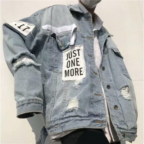 Wholesale 2020 Mens ripped denim jacket national street retro handsome Harajuku bf cardigan jacket male student loose clothes
