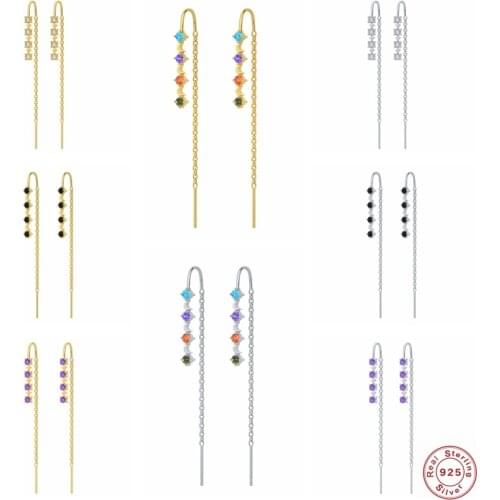 Luxury 925 Sterling Silver Long Tassel Earring Colorful Zircon Moon Four-pointed Star Chain Stud Earrings pendientes plata 925