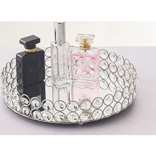 Silver Round Mirror Decorative Cosmetics Storage Box Tray, Wedding Home Decoration Rack