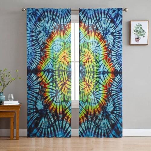 Tie-Dye Ethnic Blue Watercolor Color Voile Tulle Sheer Curtains for Bedroom Living Room Kitchen Decor Chiffon Windows Curtain