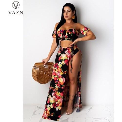 VAZN 2020 Off Shouldrer Short Sleeve Simple Casual Print Maxi Dresses Evening Gown Women Elegant Sexy Dress