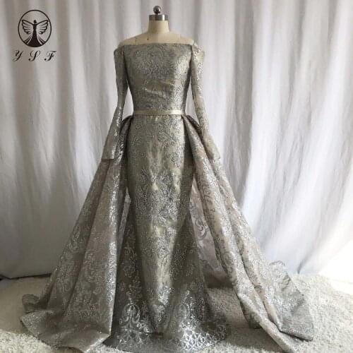 Vintage Fiesta De Vestidos Boat Neck Silver Lace Long Sleeve Mermaid Bling Bling Evening Dresses with Overskirt