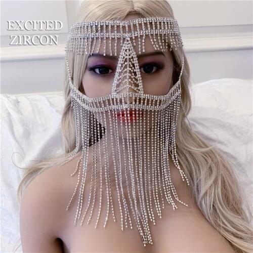 EXCITED ZIRCON Bling rhinestone crystal luxury tassel headdress face jewelry mask bride wedding fashion jewelry woman party
