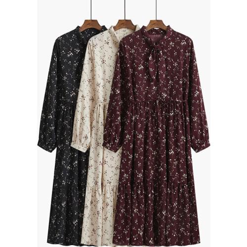 Floral dress female long-sleeve bow collar 2021 spring new waist French temperament elegant retro wine red long dresses women