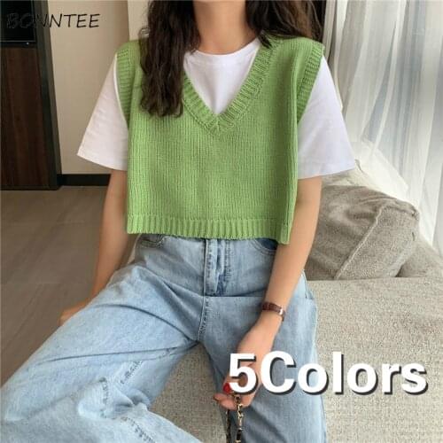 Sweater Vest Womens Solid Sleeveless V-neck Simple All-match Candy Color Loose Korean Style Sweet Vests Ulzzang Chic Leisure New