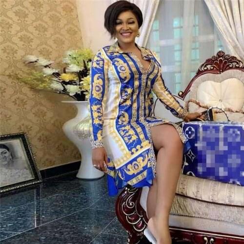 2020 Long Sleeve Spring African Print Shirt Dress Women Fashion Single Breasted Turndown Collar Straight Dress African Clothes