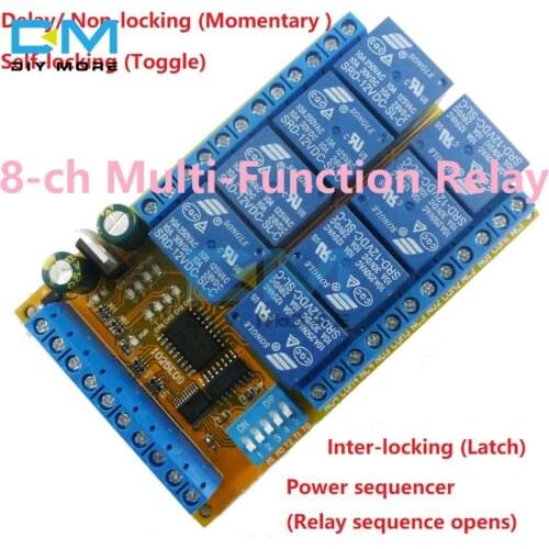 8ch DC 5V 12V 24V DIP Switch Delay Relay Module Flip-Flop Latch Bistable Self-locking Interlock Latch Power Conditioner