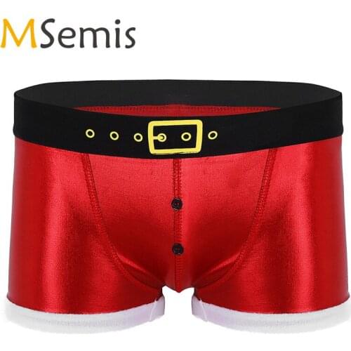 Sexy Boxers Shorts Mens Faux Leather Printed Belt Pattern Christmas Cosplay Holiday Santa Claus Costume Boxer Shorts Nightwear