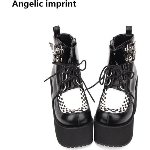 Angelic imprint mori girl Women punk cosplay boots lady lolita short Boots woman high wedges heels pumps shoes lace up 33-47 8cm