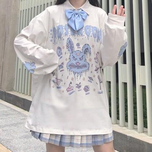 Cotton Women Casual Rabbit T Shirt White Cartoon Funny Girl Female Tops Tee Long Sleeve Fashion Loose T Shirt Hip Hop Clothes