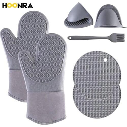 HOONRA 7Pcs Heat Resistant Silicone Oven Mitts Cooking Microwave Gloves With Mini Oven Gloves Kitchen Pot Holders Accessories