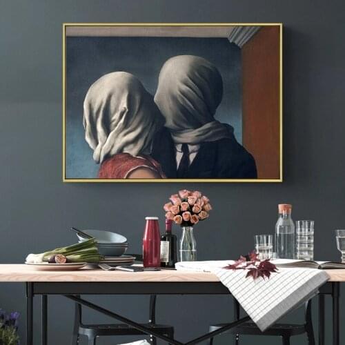 Classic Wall Art Canvas Paintings Kiss Lover By Rene Magritte Modern Style Posters and Prints Pictures for Living Room Decor