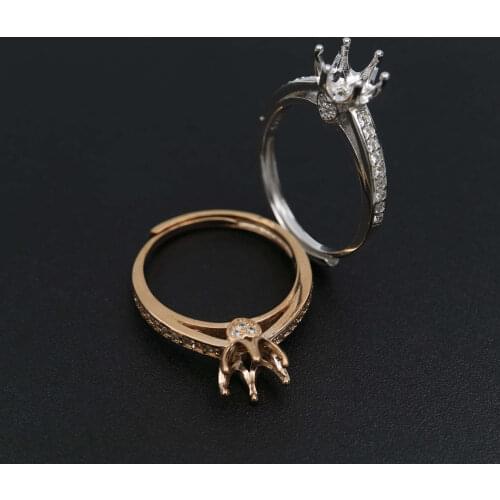 5-9MM Round 6 Prong Solitaire Bridge Accent Pave DIY Solid 925 Sterling Silver Rose Gold Adjustable Ring Settings Bezel 1210047