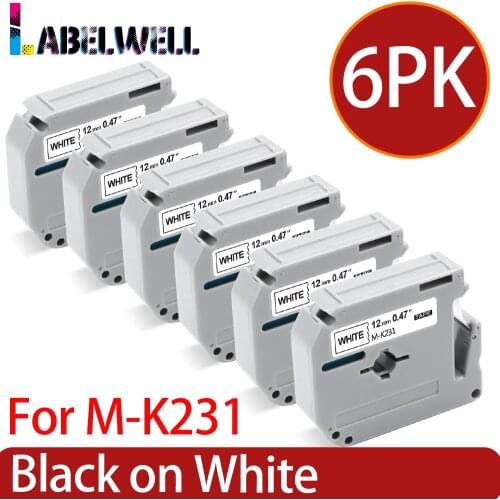 Labelwell 6pk MK231 M-K231 MK-231 laminated strong adhesive label tape Compatible for Brother P-Touch PT-70 PT-80 PT-90 printer