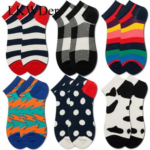 LKWDer 5 Pairs Men Spring Autumn Striped Socks Polka Dot Square Unisex Socks Geometric Street Personality Socks Meias Calcetines